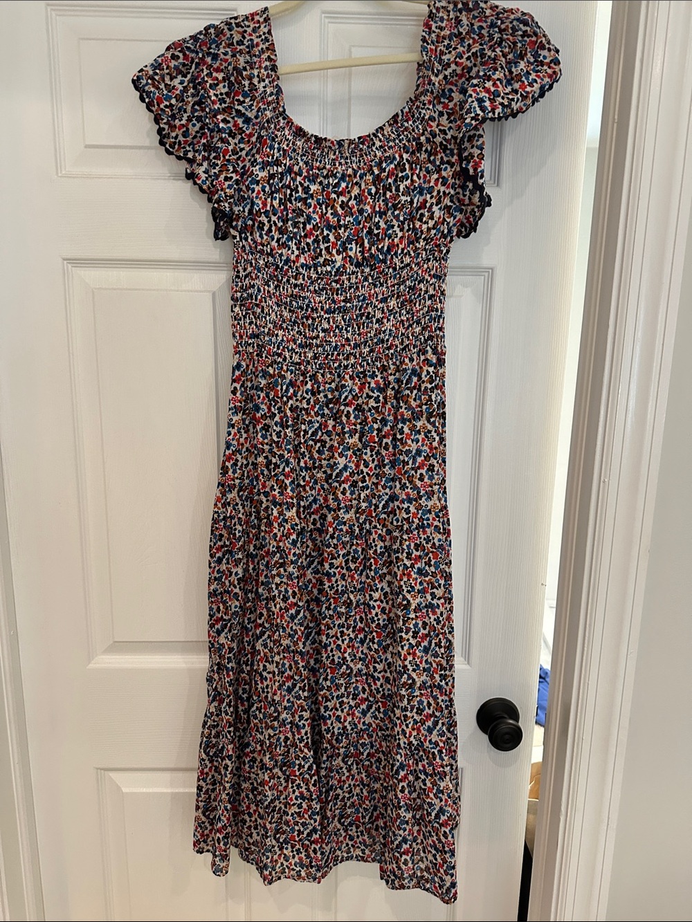 Tory Burch Smocked Midi Dress in Navy, Red, and White Floral Print